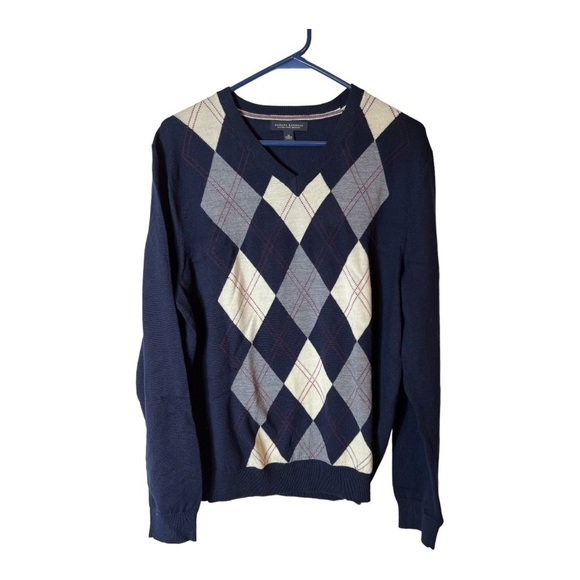 Banana Republic Extra Fine Merino Wool Mens Navy Gray  V Neck Sweater Size M - Picture 1 of 4